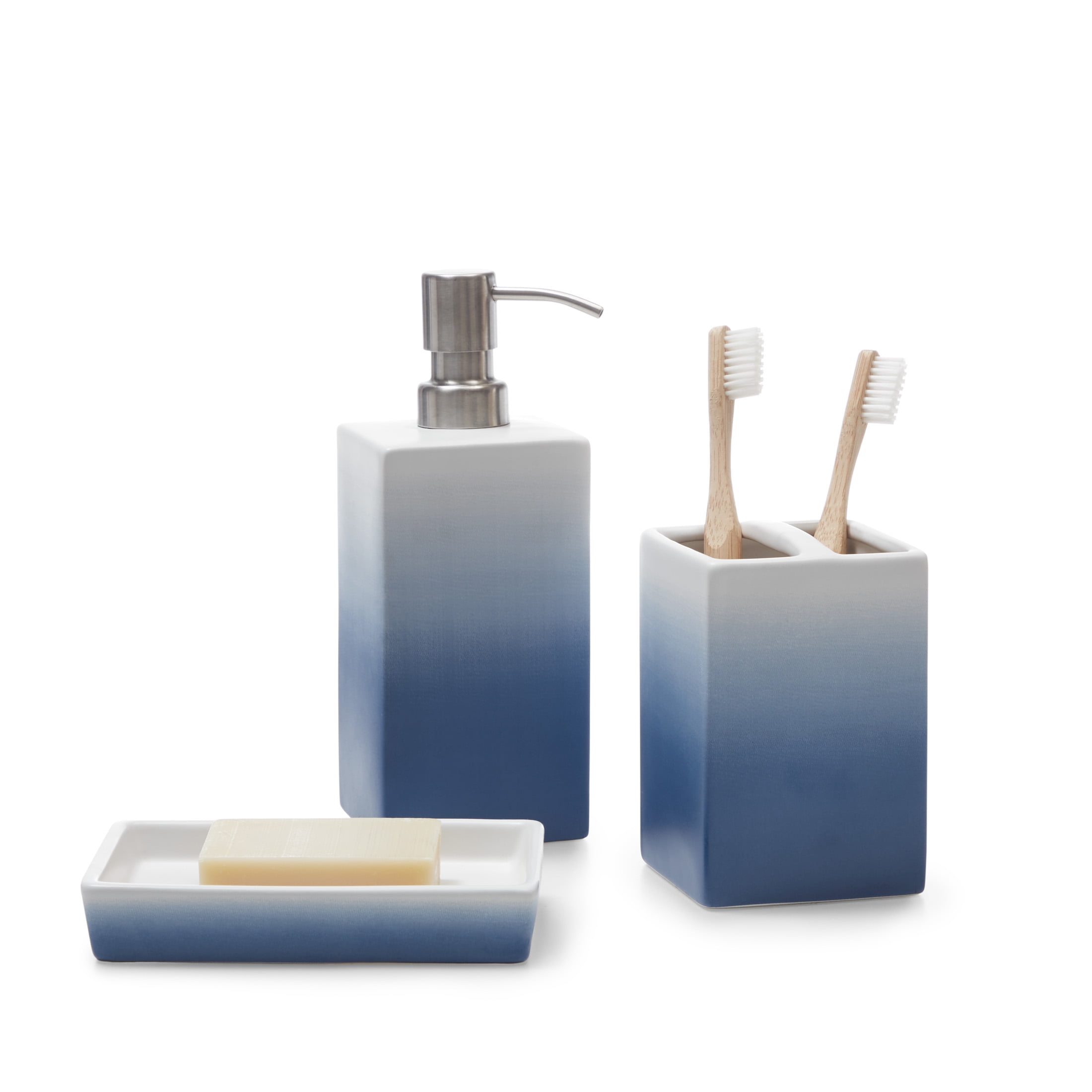Grey Stripe Bathroom Accessory Set Dish & Tumbler Soap Dispenser 3 pcs 