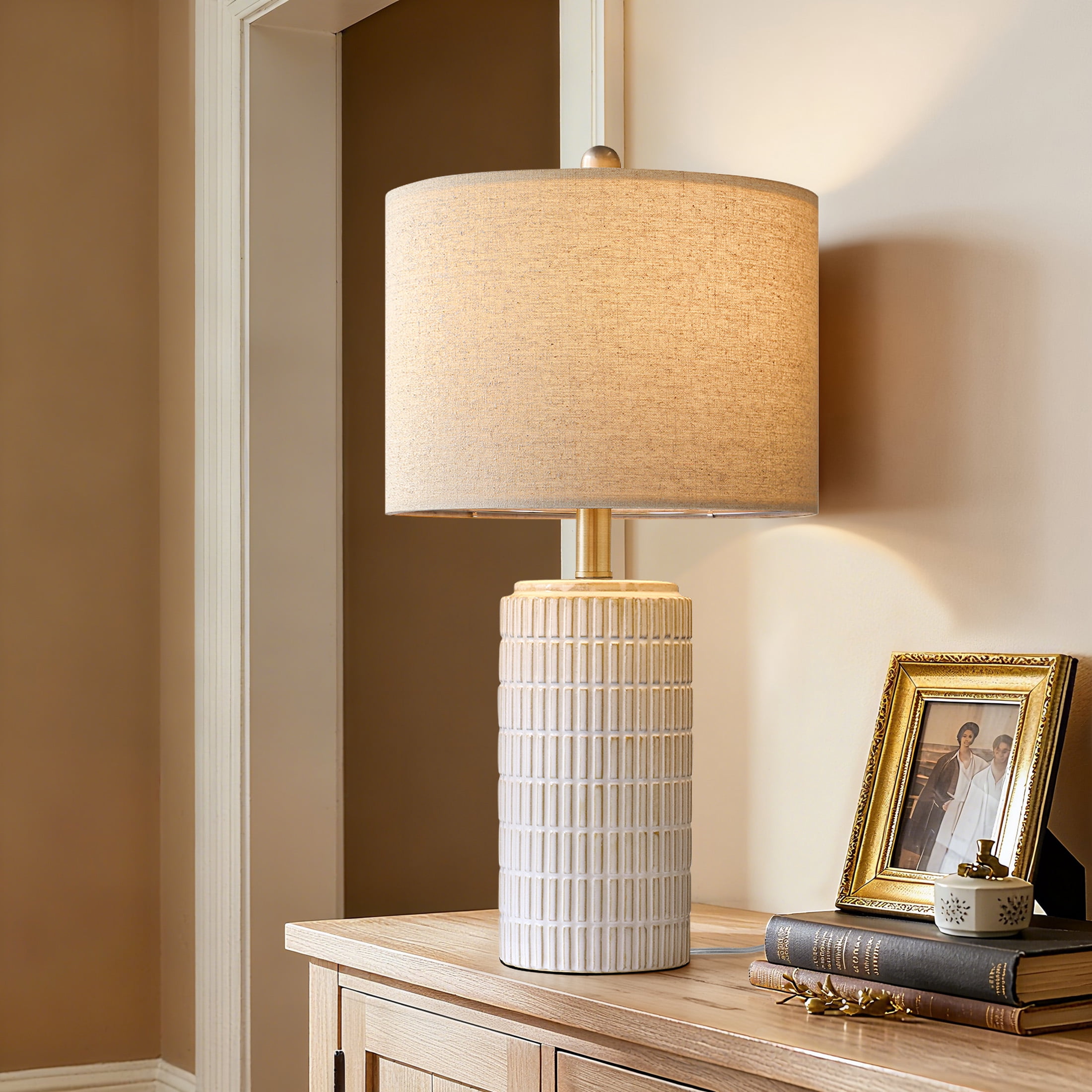 Oneach White Ceramic Table Lamps Set of 2 for Living Room Bedroom 23" Rustic Bedside Nightstand Lamps with Linen Lamp Shades