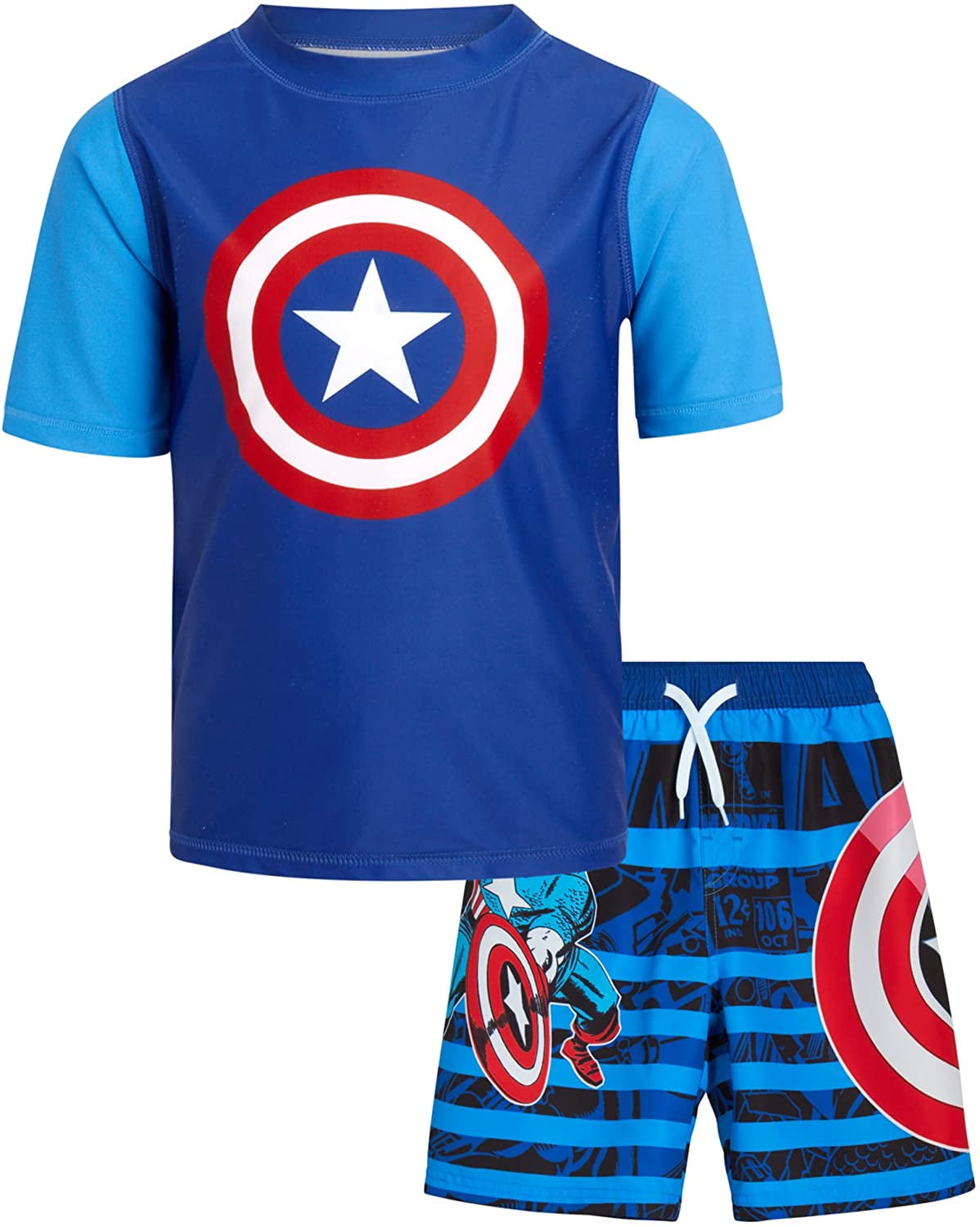 Marvel Boys’ Rash Guard Set Hulk, Captain America, Iron Man UPF 50+ Swim Shirt and Trunks (2T