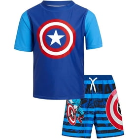 Marvel Boys' Avengers Rash Guard Set - Captain America, Iron Man Swim Shirt and Trunks (4-12)