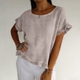 thumbnail image 5 of Plus Size Women's Solid Loose Fit Short Sleeve Round Neck Ruffle Pleated Linen Casual Blouse Shirt Comfy Breathable Work Office Outfits | CSEONE,Khaki 2XL, 5 of 8