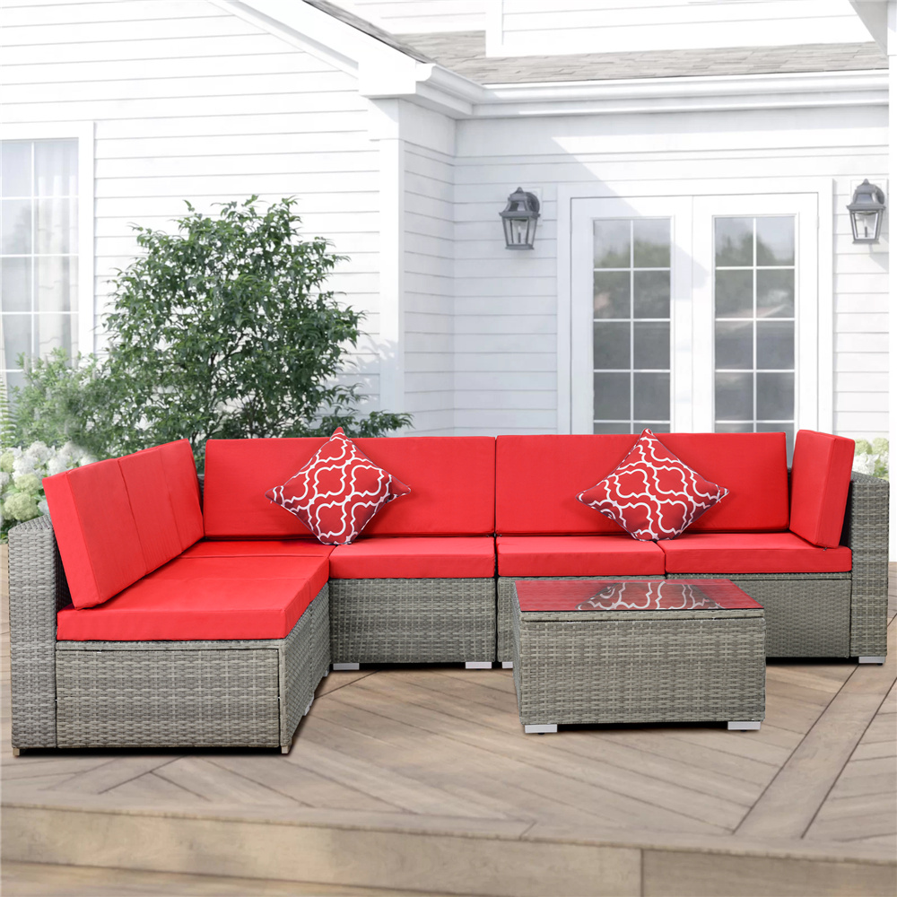 Patio Furniture Sofa Set, 7 Piece Outdoor Conversation Sets with 6 Rattan Wicker Chairs, Glass Coffee Table, All-Weather Patio Sectional Sofa Set with Red Cushions for Backyard, Garden, LLL1535 - image 1 of 8
