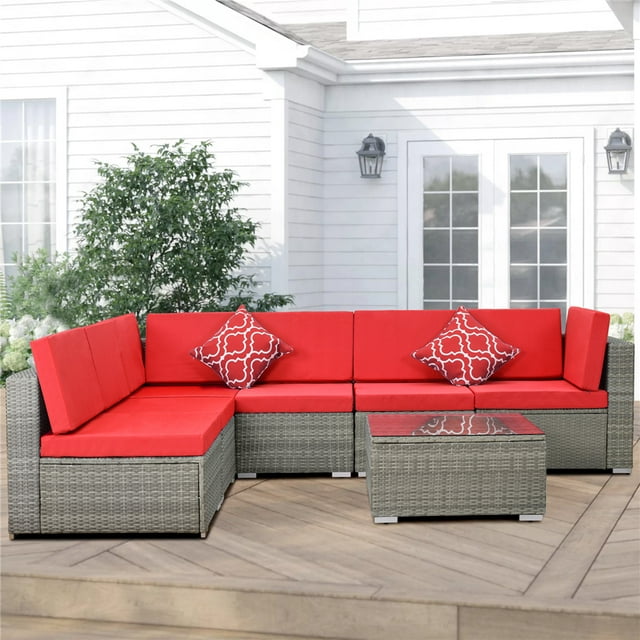 Patio Furniture Sofa Set, 7 Piece Outdoor Conversation Sets with 6 Rattan Wicker Chairs, Glass Coffee Table, All-Weather Patio Sectional Sofa Set with Red Cushions for Backyard, Garden, LLL1535