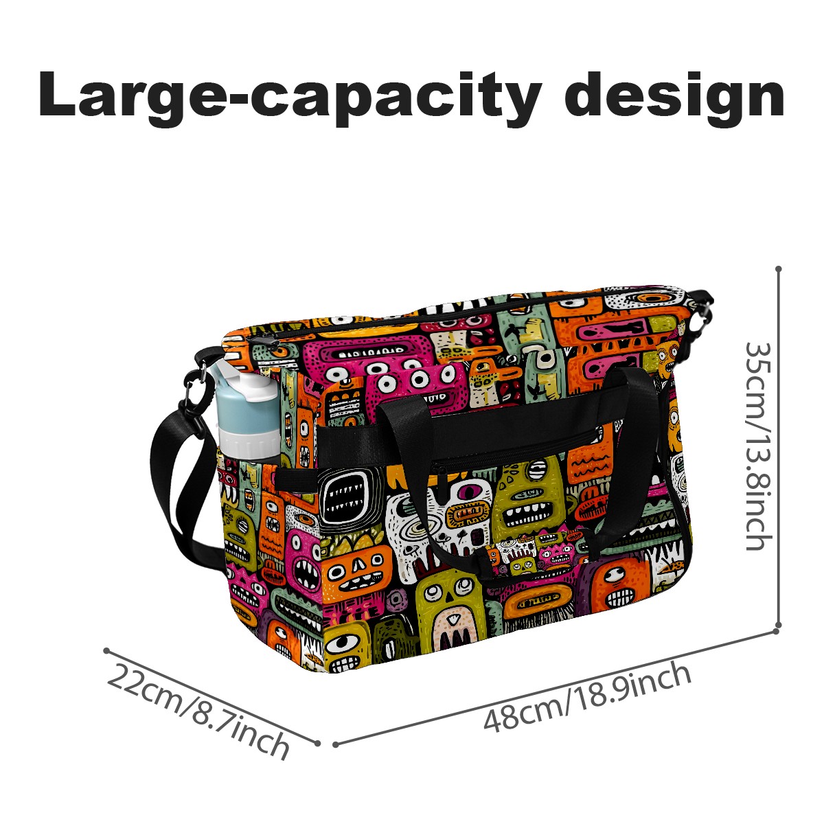 Large Gym Bag with Shoe Compartment, Water-Resistant Duffle Bag for Men and Women, Colorful Whimsical Cartoon Characters Sports Tote for Workout Travel