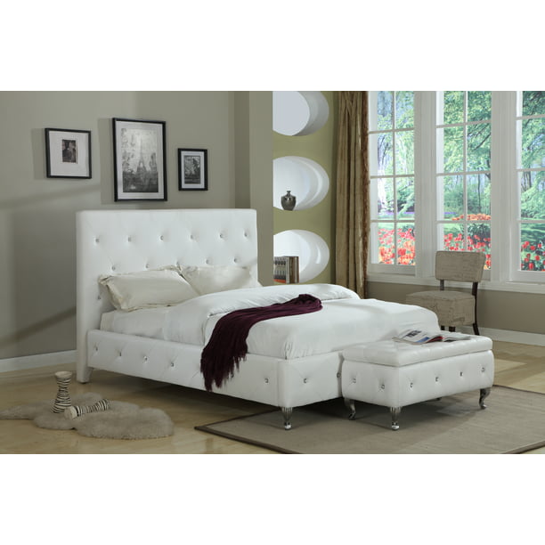 White Faux Leather Queen Size Crystal, White Tufted Platform Bed Queen
