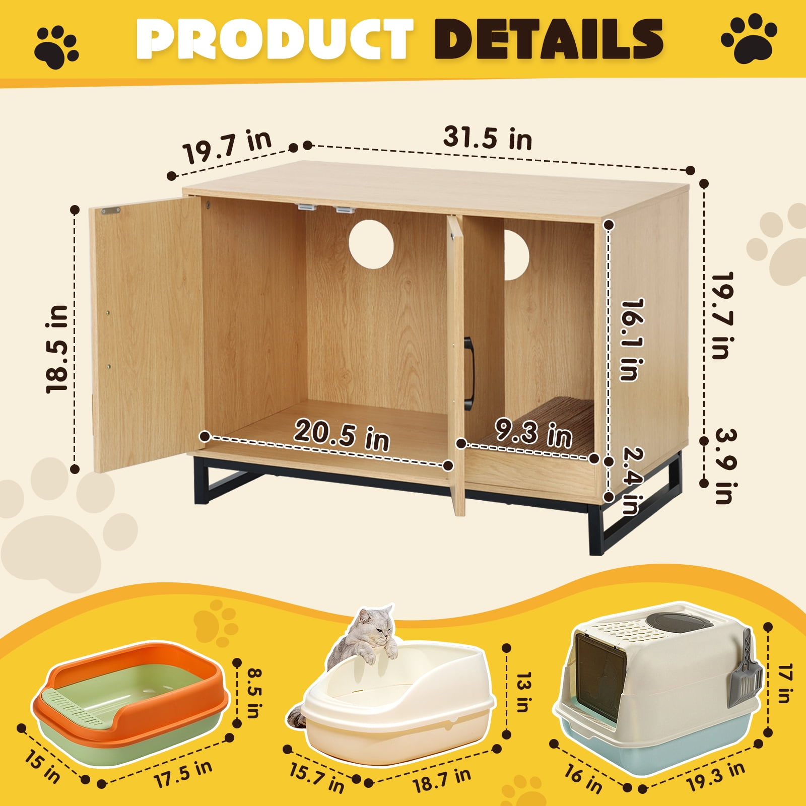 KATHY&BOB Hidden Cat Litter Box Enclosure Furniture with Cat Scratch Mat, Striped Grooved Design, Wooden Cat Washroom, Natural