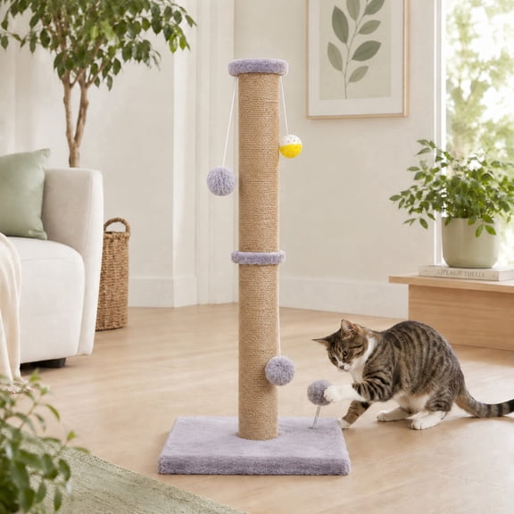 PELUOMOZ Cat Scratching Post 36 in Natural Sisal Rope Scratch Tower with 3.6 in Post and Interactive Toy Gray