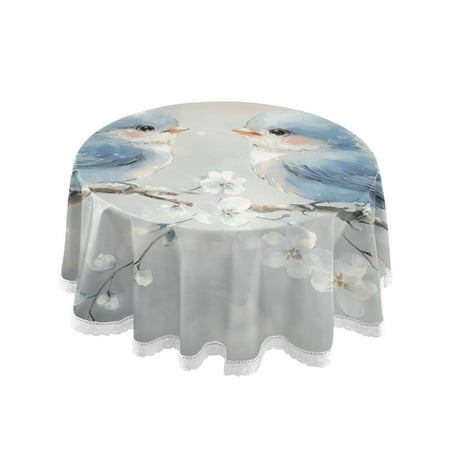 

60 Round Tablecloth with White Lace Trim Wrinkle & Heat-Resistant Table Cover for Dining and Home Decor Cute Blue Birds