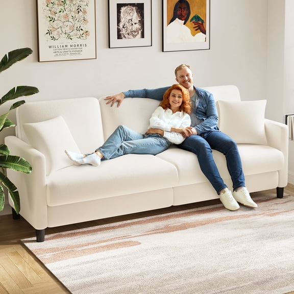 Welzona 83" Teddy Fabric Sofa, Modern 3-Seater Couch with 2 Throw Pillows, Tool-Free Assembly, Off White