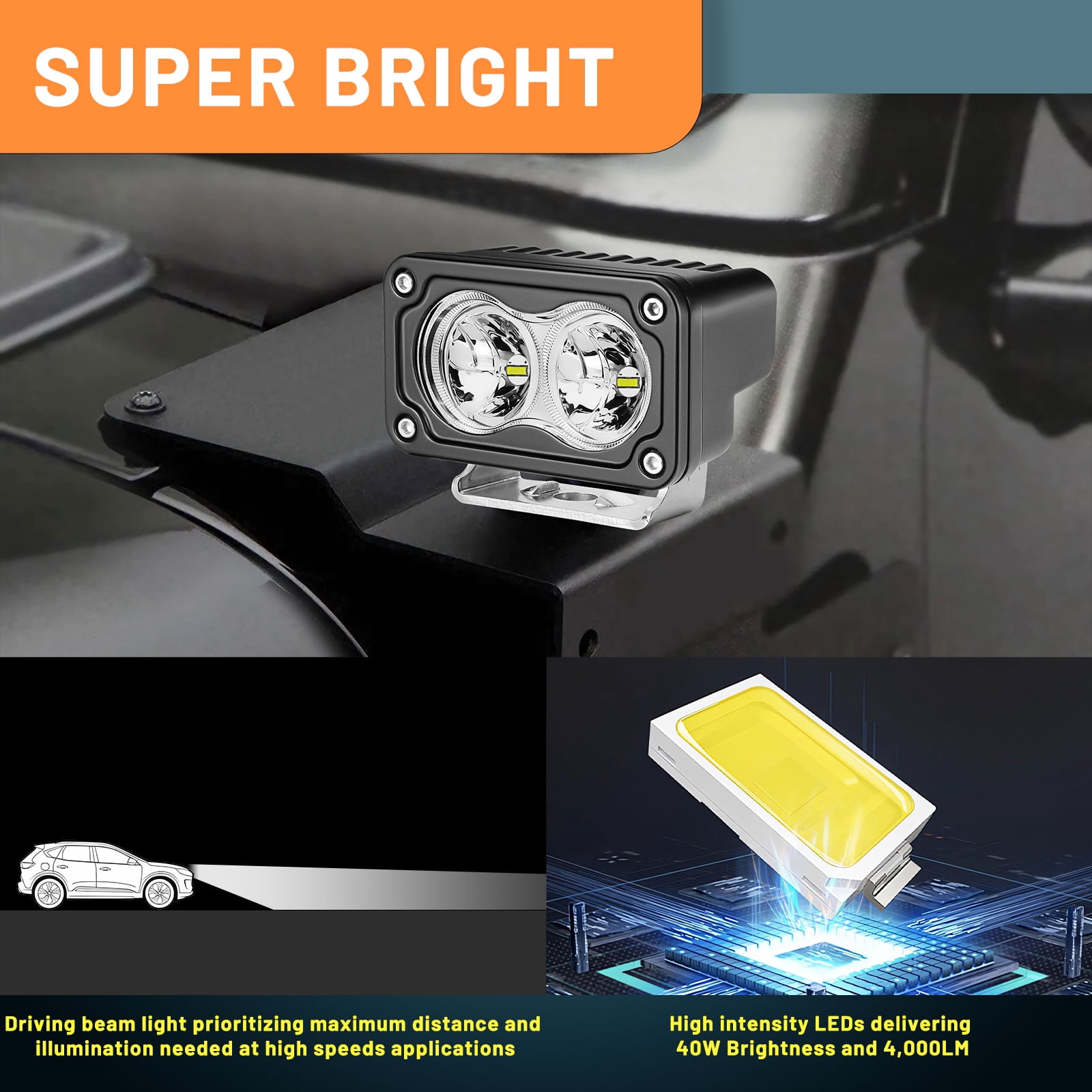 2PCS 3" 40W LED Pods offroad Driving Beam Fog Lights for Truck UTV ATV Motorcycle