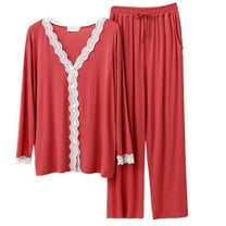 Defitshape Women's Cute Pajama Set Soft Lace Long Sleeve Button Down Shirt Capri Pants Set Lightweight 2 Piece V Neck Pjs Sleepwear Pockets Vermillion Large-X-Large