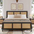 thumbnail image 1 of Tamaño completo - size negra rattan marco de cama con cabecero: boho cane platform, strong metal slat, noise - free, no box spring required, 1 of 6