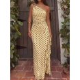 thumbnail image 4 of Womens Yellow Polka Dot One Shoulder Long Dress, Ruffle Hem Slit, 4 of 10