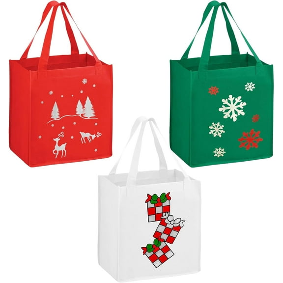 Set of 3 Non-Woven Reusable Fabric Holiday Gift Bags 12"x13"x8.25", Black Duck Brand Three Holiday Prints (3 Bags)