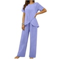 thumbnail image 2 of gbyLJF Women's Summer Outfits 2 Piece Matching Casual Sets Short Sleeve T-shirts with Irregular Hem and Wide Leg Pant Set, 2 of 9