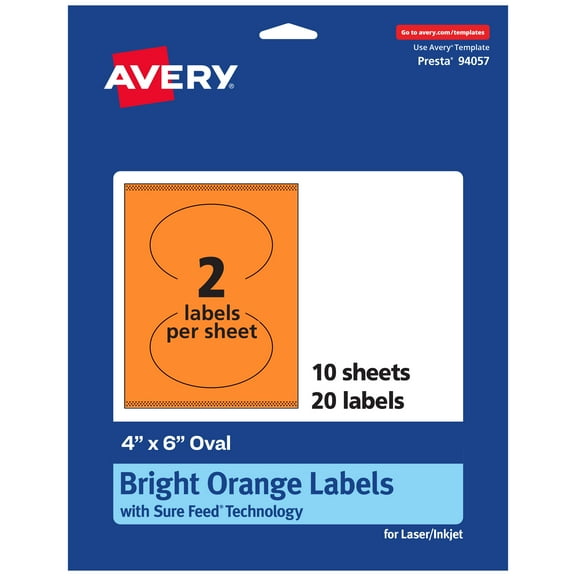 Avery Printable Oval Labels, Bright Orange, 4" x 6", 20ct