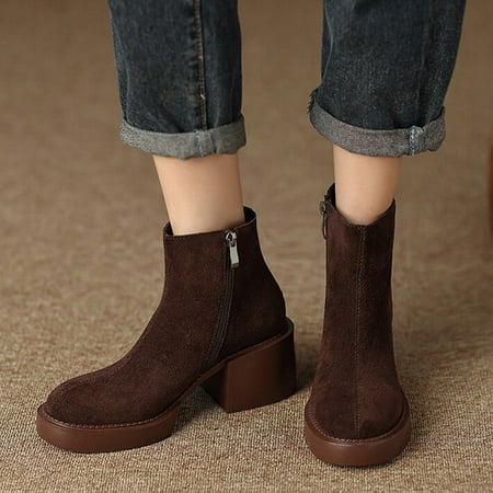 

Gubotare Womens Rain Boots Womens Ankle Boots Slip on Cutout Pointed Toe Snakeskin Stacked Mid Heel Bootie Brown 6.5