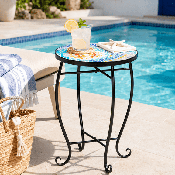 Alvantor Mosaic Outdoor Side Table, 14 in Round Patio Accent Table, Blue Hawaii, 21 in H