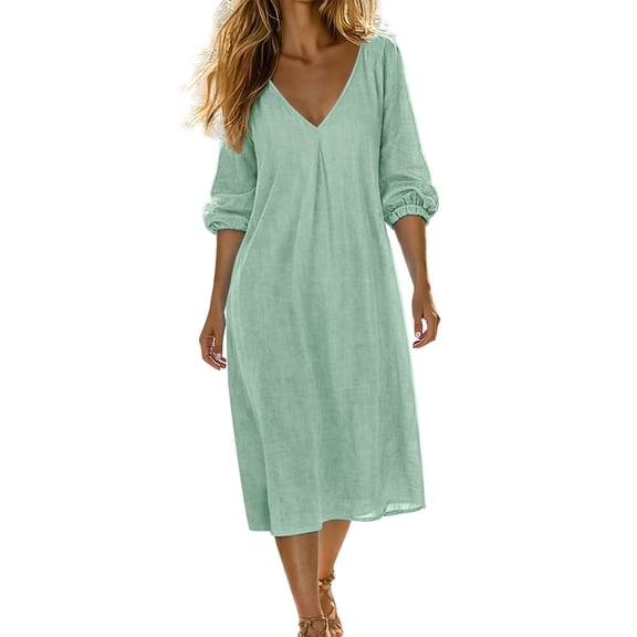 Amkhujs Summer Dresses for Women Breathable Soft V Neck Linen Dress Elastic Cuff 3/4 Sleeve Midi Dress for Casual Wear