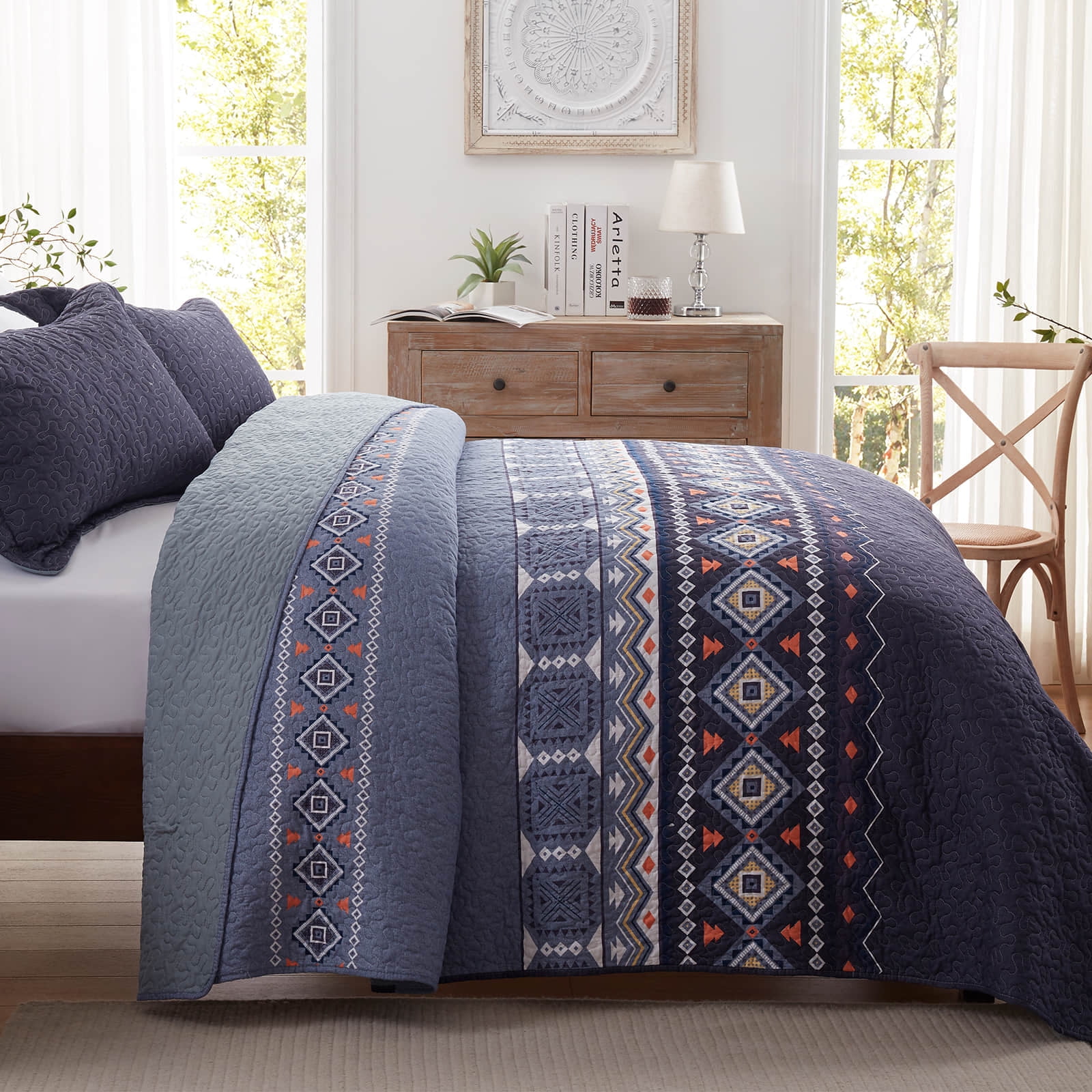 3-Piece King Size Quilt Set - Blue Bohemian Bedspread Coverlet with 2 Pillow Shams, Microfiber