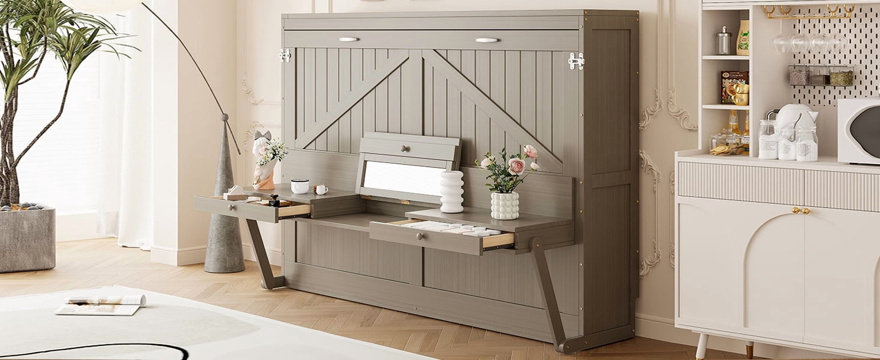 Mintazer Queen Murphy Bed with Vanity Desk, Modern Foldable Wall Bed with Center Mirror for Bedroom Apartment Guest Room, Distressed Gray
