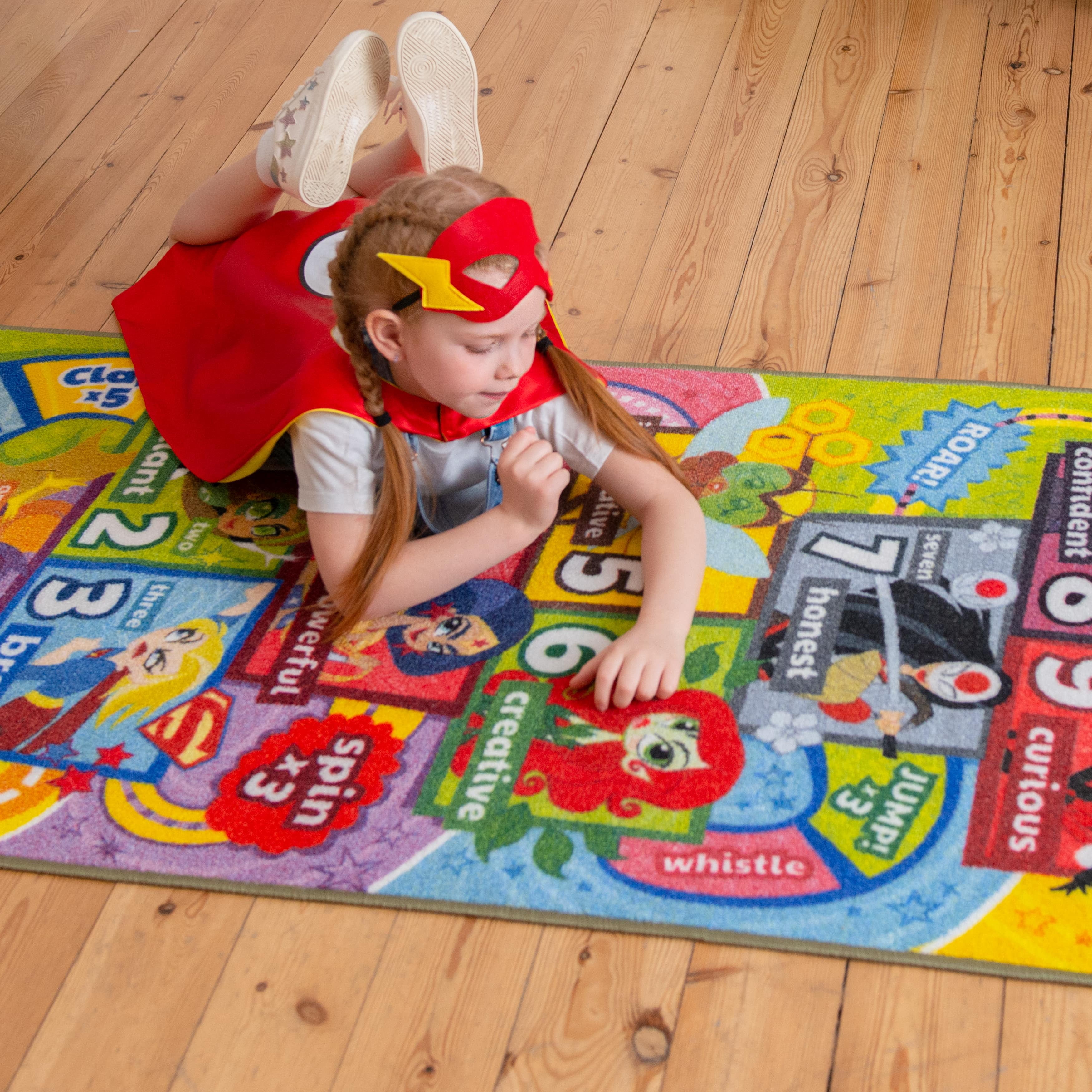 KC Cubs | DC Super Hero Girls Hopscotch Number Counting Activity Educational Learning & Fun Game Play Area Non-Slip Rug Carpet for Kids and Children Bedrooms, Classroom and Playroom