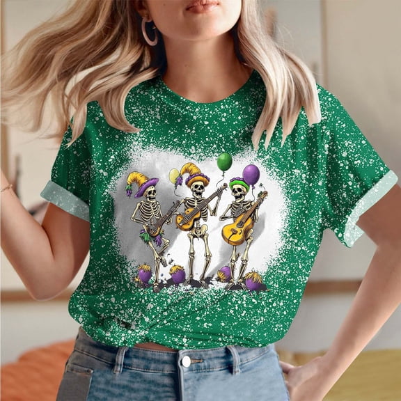 Jsaierl Women's Mardi Gras Shirts Cute Carnival Themed Mask Graphic Tees Trendy Short Sleeve T Shirts Blouses Dressy Casual Round Neck Parade Tops