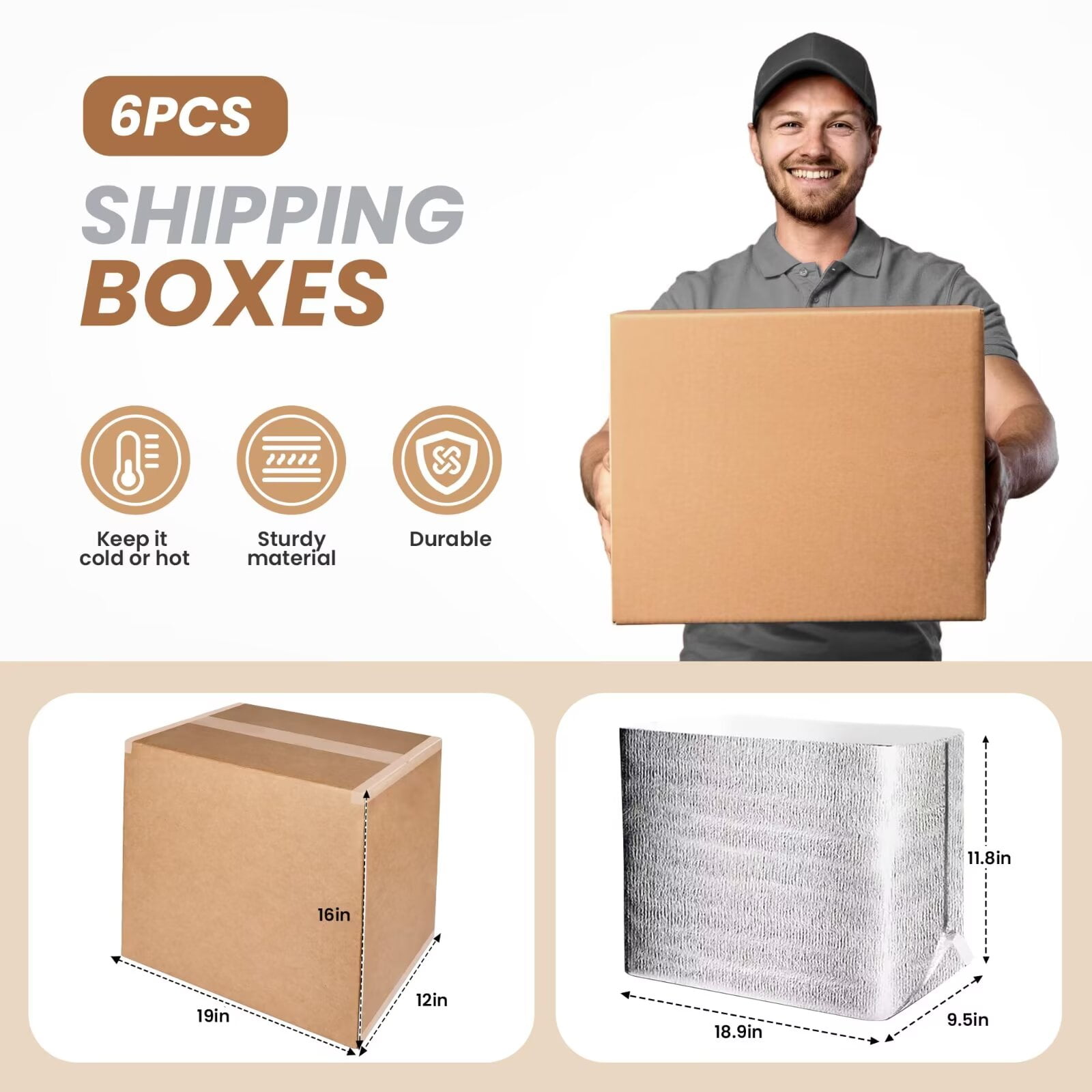 YSSOA 8 Pack 19"x12"x16" Insulated Shipping Boxes with Aluminum Foil Liner,Thermal Insulation Cold Pack Shipping Boxes for Frozen , Reusable Styrofoam Cooler Box, Small Mailing Box