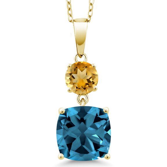 Gem Stone King 18K Yellow Gold Plated Silver London Blue Topaz and Yellow Citrine Pendant Necklace for Women | 6.00 Cttw | Gemstone November Birthstone | Cushion 10MM | Round 6MM