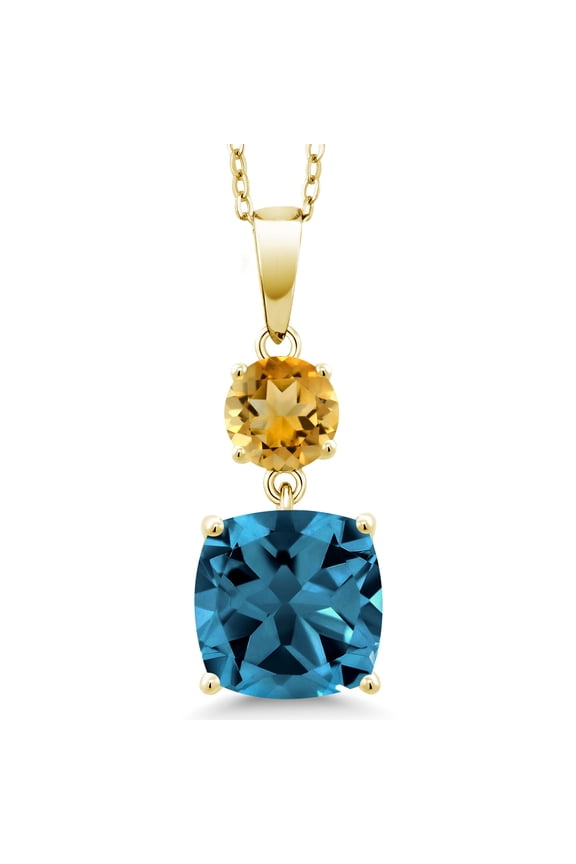 18K Yellow Gold Plated Silver London Blue Topaz and Yellow Citrine Pendant Necklace for Women | 6.00 Cttw | Gemstone November Birthstone | Cushion 10MM | Round 6MM