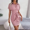 thumbnail image 4 of QUYUON Womens Belted Shirt Dresses Summer Ruched Bodycon Mini Dress Button Down Collar Short Sleeve Business Casual Work Pencil Dress Club Party Short Dresses Style D-1745 Pink XL, 4 of 7