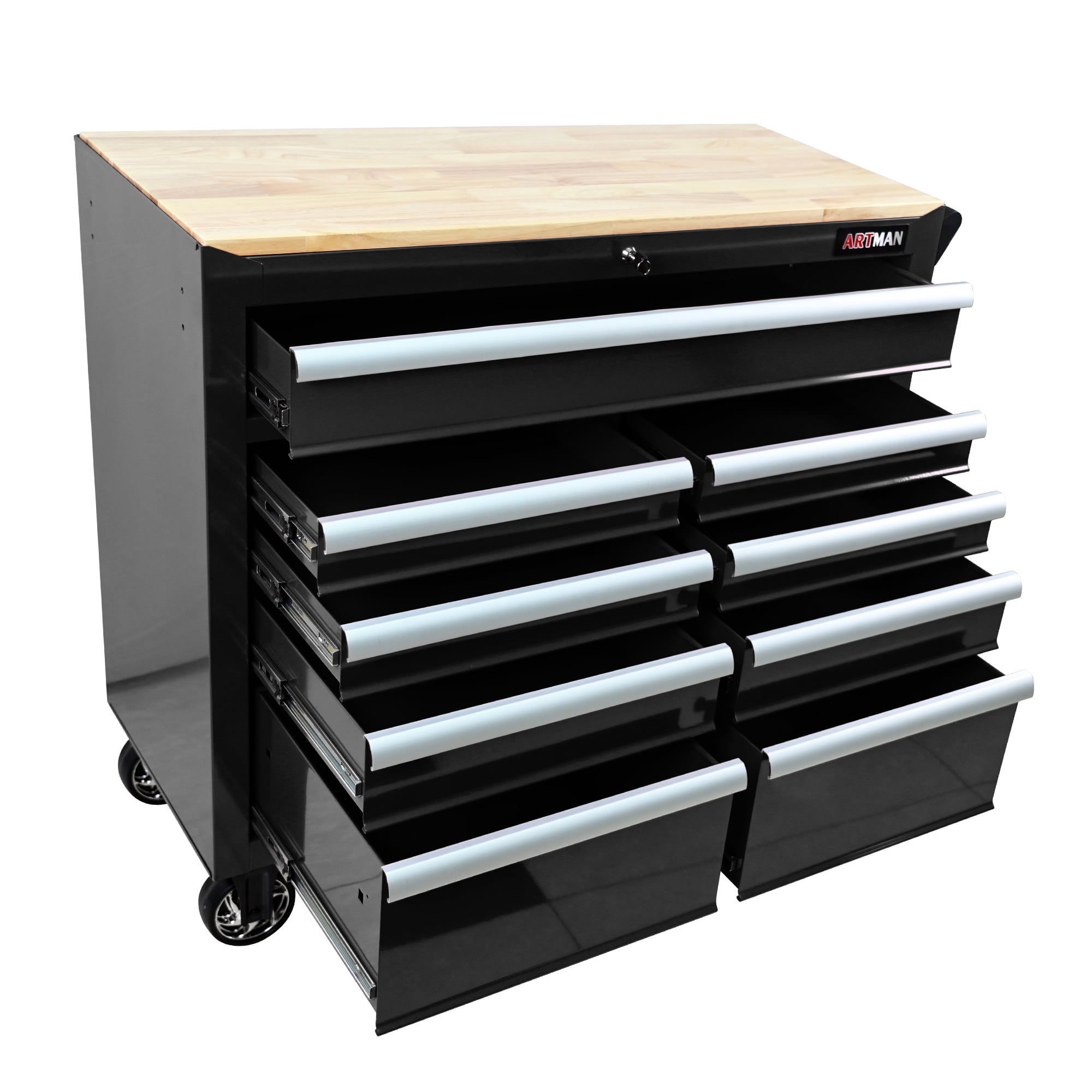 ARTMAN Heavy Duty Rolling 46 In  Tool Chest,9-Drawers, Mobile Tool Storage Cabinet/Work Bench with Wooden Top for Garage, Warehouse, Workshop, Repair Shop