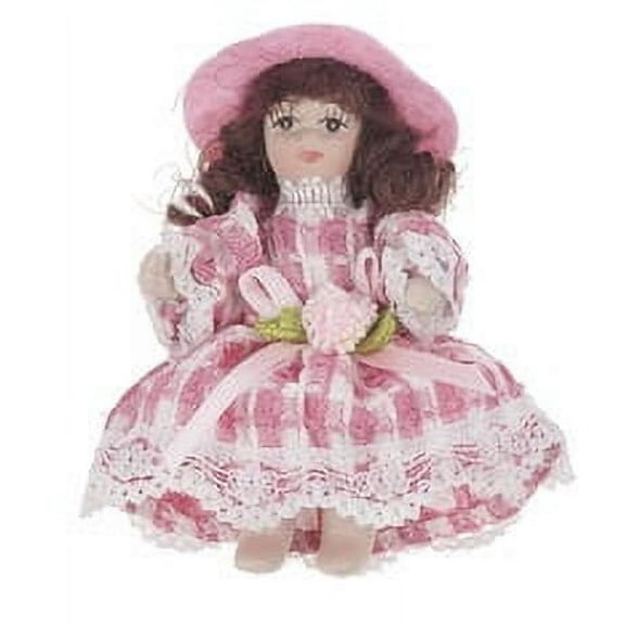 Miniature Posable Doll With Brown Hair and Pink Dress - By Ganz
