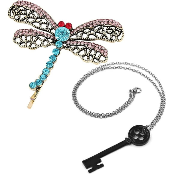 GFDYREE Coraline Doll Pins Coraline Black Key Pendant Necklace Coraline Dragonfly Hairpin Coraline Cosplay Accessories Set for Men Women