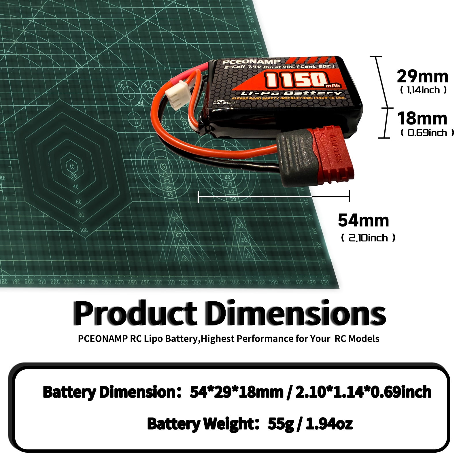 PCEONAMP 2S Lipo Battery 1150mAh 7.4V Burst 40C with T Plug  RC Battery Fit for HBX  18858 18859 18859A 16890A  2196 ,  and Most 1/12, 1/16, 1/18 Scale RC Car Truck with 1 USB Charger （2packs）