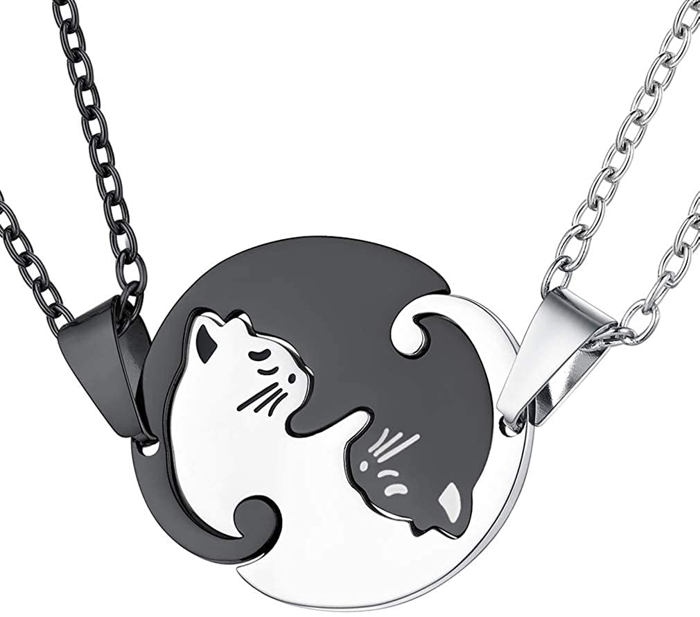His and Hers Matching Charm Cat Pendant Stainless Steel Couple Necklace 18"&22" 
