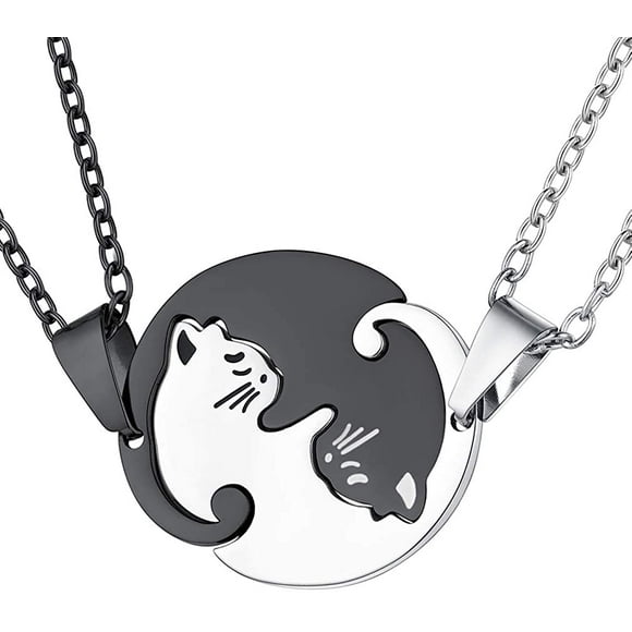 Couples Pendant for Boyfriend and Girlfriend Stainless Steel Matching Relationship Simple Cute Cat Heart Yin Yang Necklace for Couples Pendant Husband and Wife V Day Gift