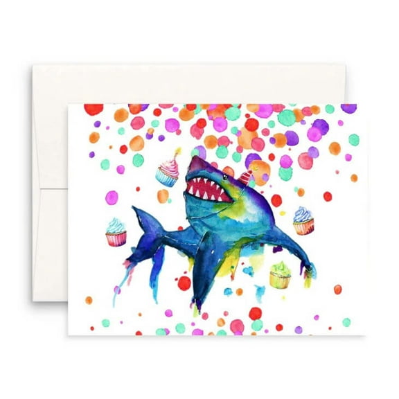 Whimsical Shark Birthday Card – Fun Watercolor Design with Cupcakes and Confetti – Blank Inside, Envelope Included – Perfect for Kids and Adults