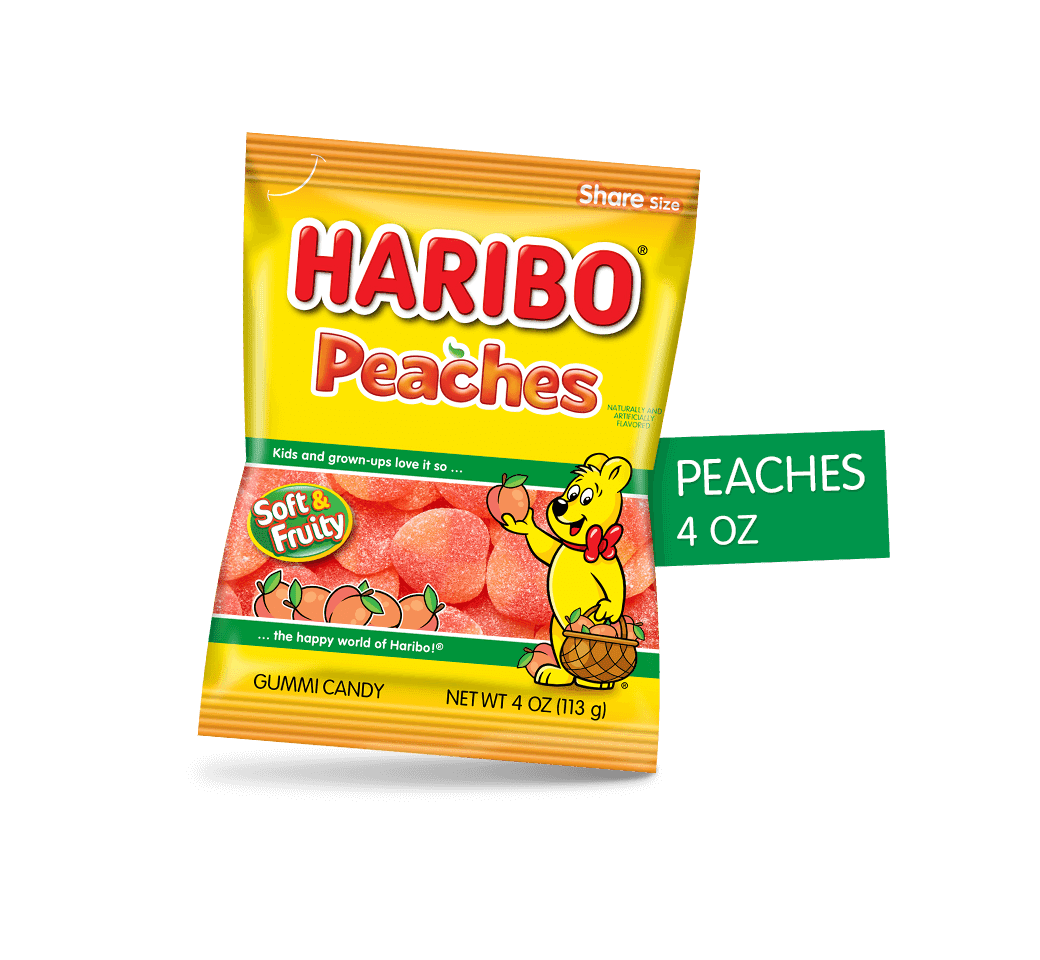 HARIBO PEACHES Sugardusted, peachflavored gummies with soft & chewy