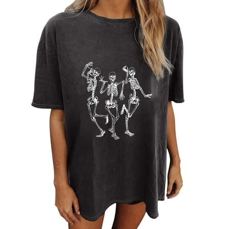 

Mrat Corset Tops Short Sleeve Round-Neck Blouses & Shirts Ladies Vintage Fun Skull Print Drop Sleeves Skeleton Romance Short Sleeve Tops Blouse Distressed Tees For Female