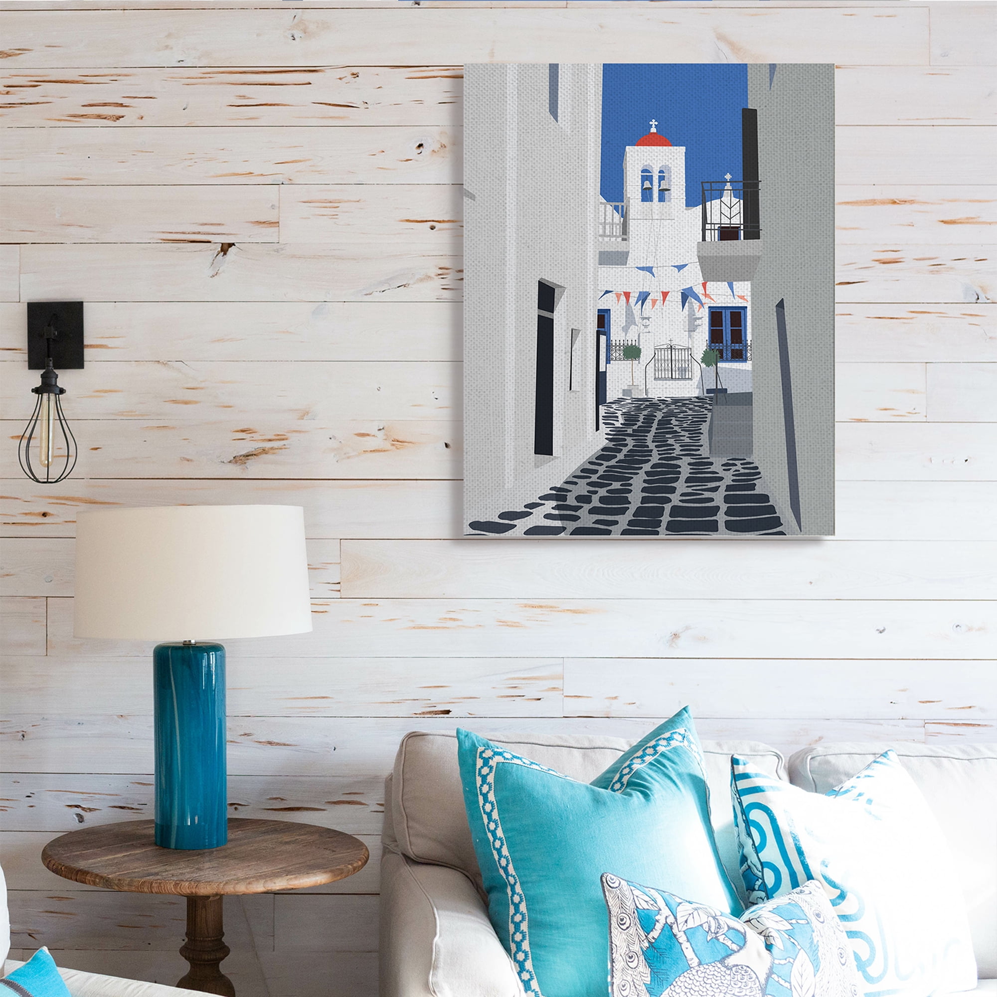 Stupell Industries European Coastal City Street White Blue Architecture Abstract Painting Gallery Wrapped Canvas Art Print Wall Art, 30 x 40