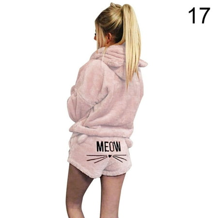 

Alextreme Women Plush Pajamas Set Thick Hoodie Long Tops+Embroidery Shorts Sleepwear Homewear New