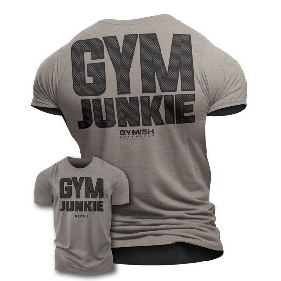 GYMISH Gym Junkie Workout T-Shirt for Men – Back Design Gym Shirt, Funny Workout Tee, Warm Grey, Small