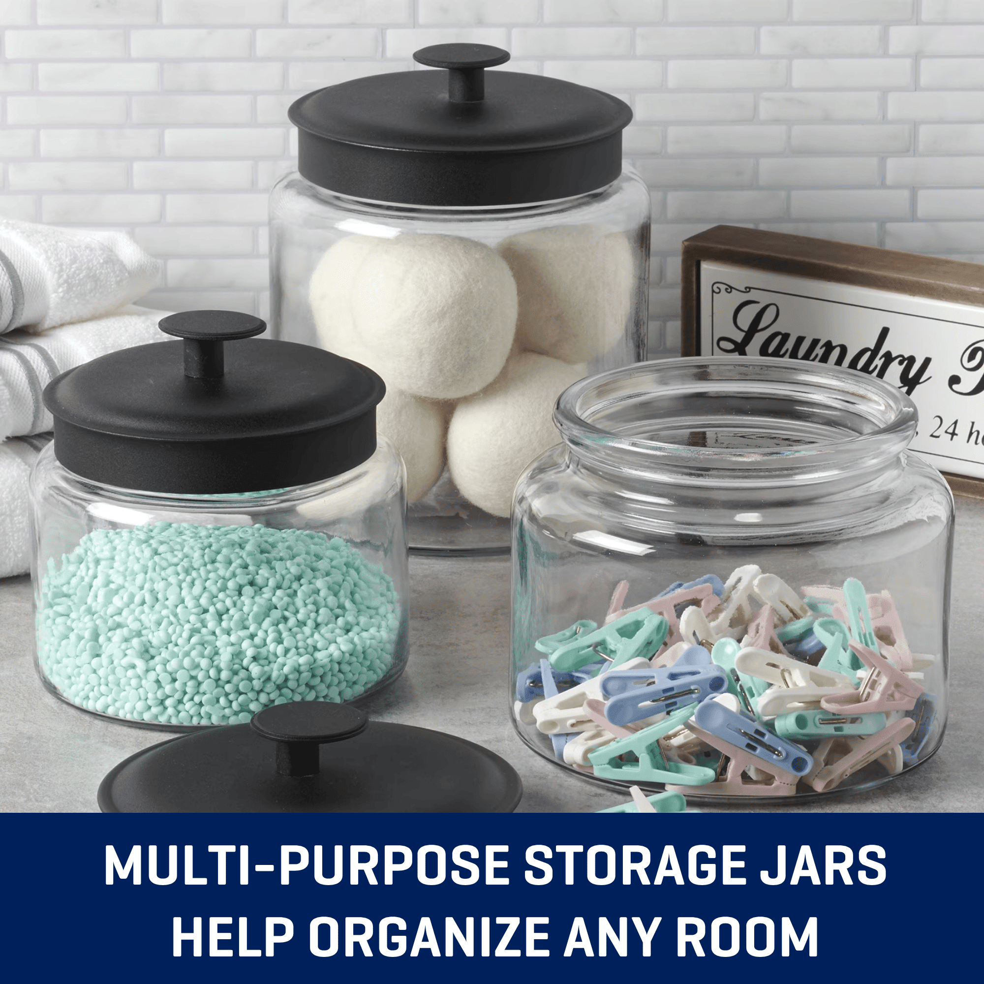 Anchor Hocking Glass Jars with Black Metal Lids, 3 Piece Set