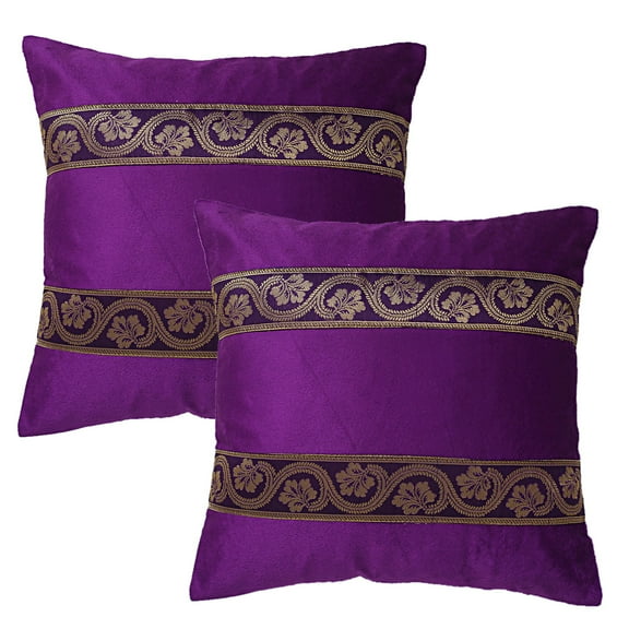 Stylo Culture Ethnic Decorative Throw Pillow Covers 16 x 16 Polydupion Brocade Jacquard Purple Square 40cm x 40cm Home Decor Velvet Floral Zippered Cushion Covers | Set Of 2