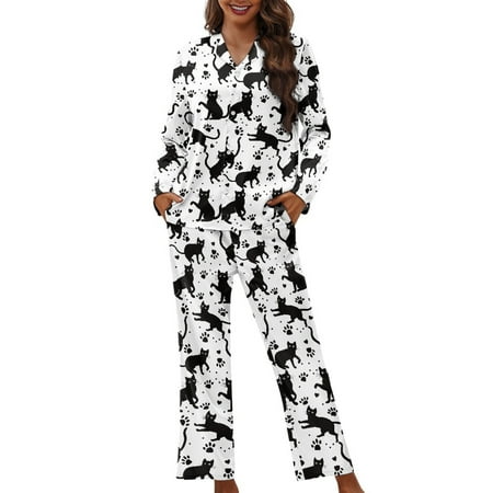 FOR U DESIGNS Black Cat Button Pajamas for Womens Button Down Pajama Sets 2 Piece Size S Long Sleeve Pj Pants Set Sleepwear Long V-neck Tops Nightwear for Women