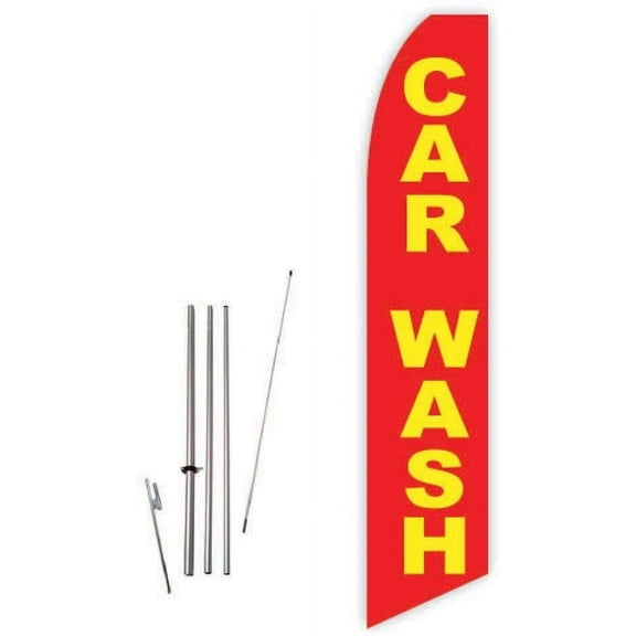 Car Wash Red/Yellow Super Novo Feather Flag - Complete with 15ft Pole Set and Ground Spike