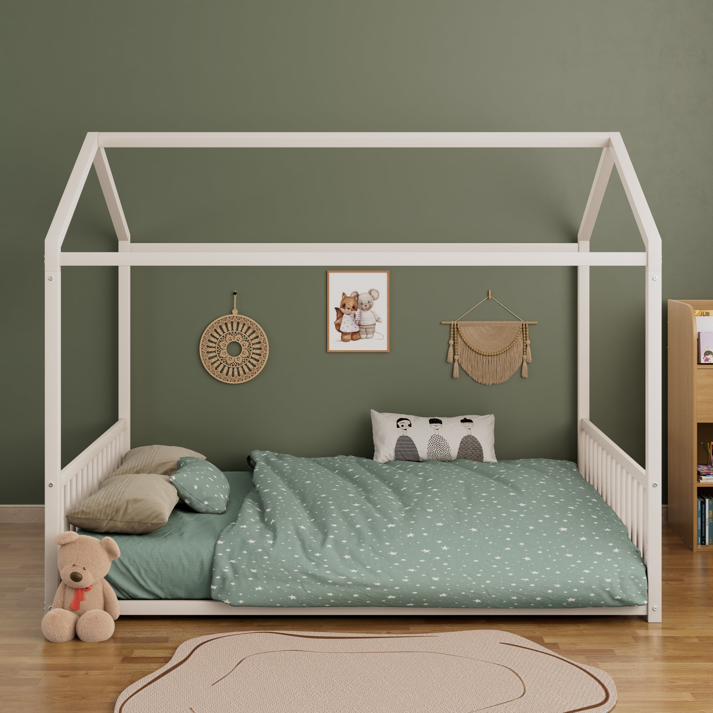 Euroco Metal Full Size Canopy Bed, Low Profile House Bed with Guardrails, White