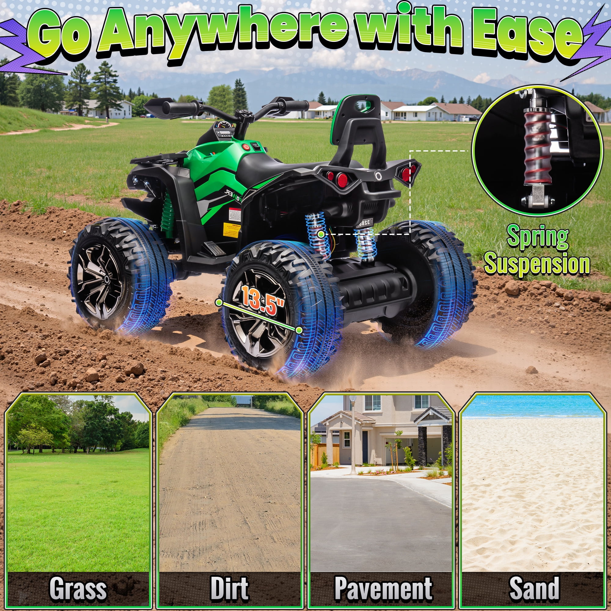 4WD 24 Volt Ride on Toys with Remote, Joyracer 4 Wheeler for Kids, Power Car Wheels, Toy Gift with Bluetooth Music, Horn, LED for Big Kids, Green
