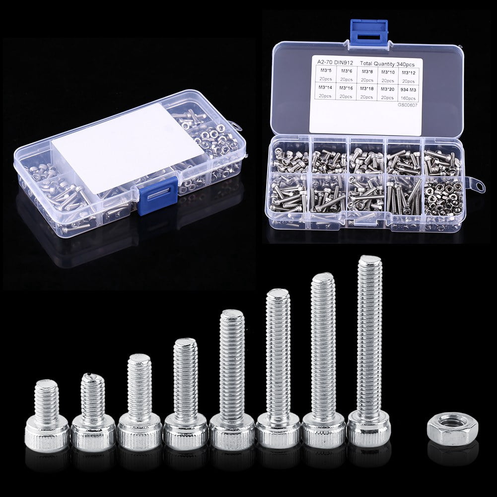 Gegong 340pcs M3 Stainless Steel SS304 Hex Socket C AP Head Screws And Nuts Assortment,Hex Socket Screws, Fastener